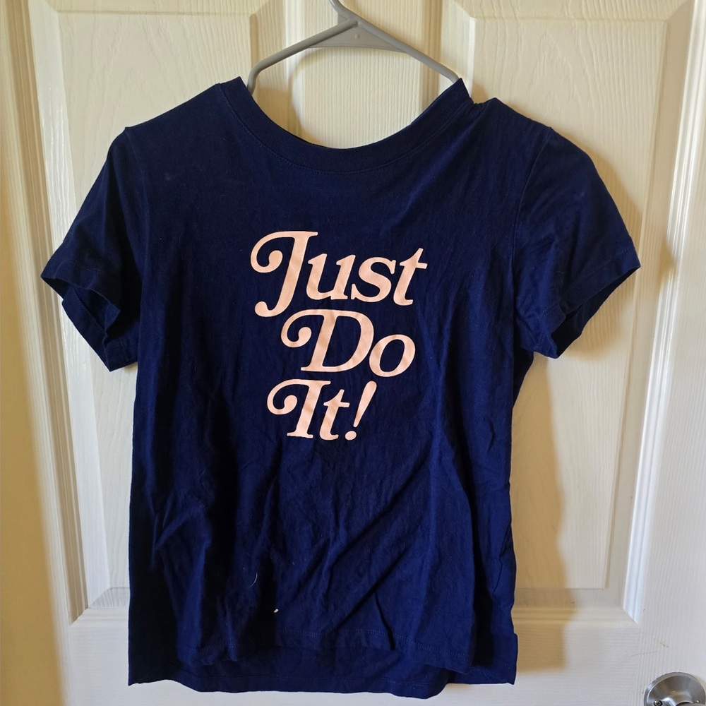 Nike Girls Sz Large "Just Do It!" Girls Navy Blue Pink Logo T-Shirt Youth Teen
